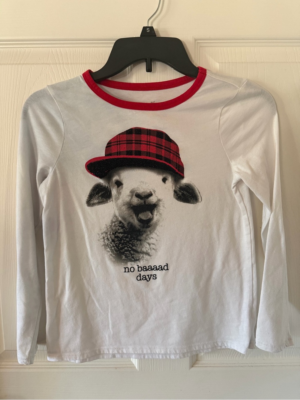 Justice White Long-Sleeve Tee with Red Plaid Hat Lamb Graphic